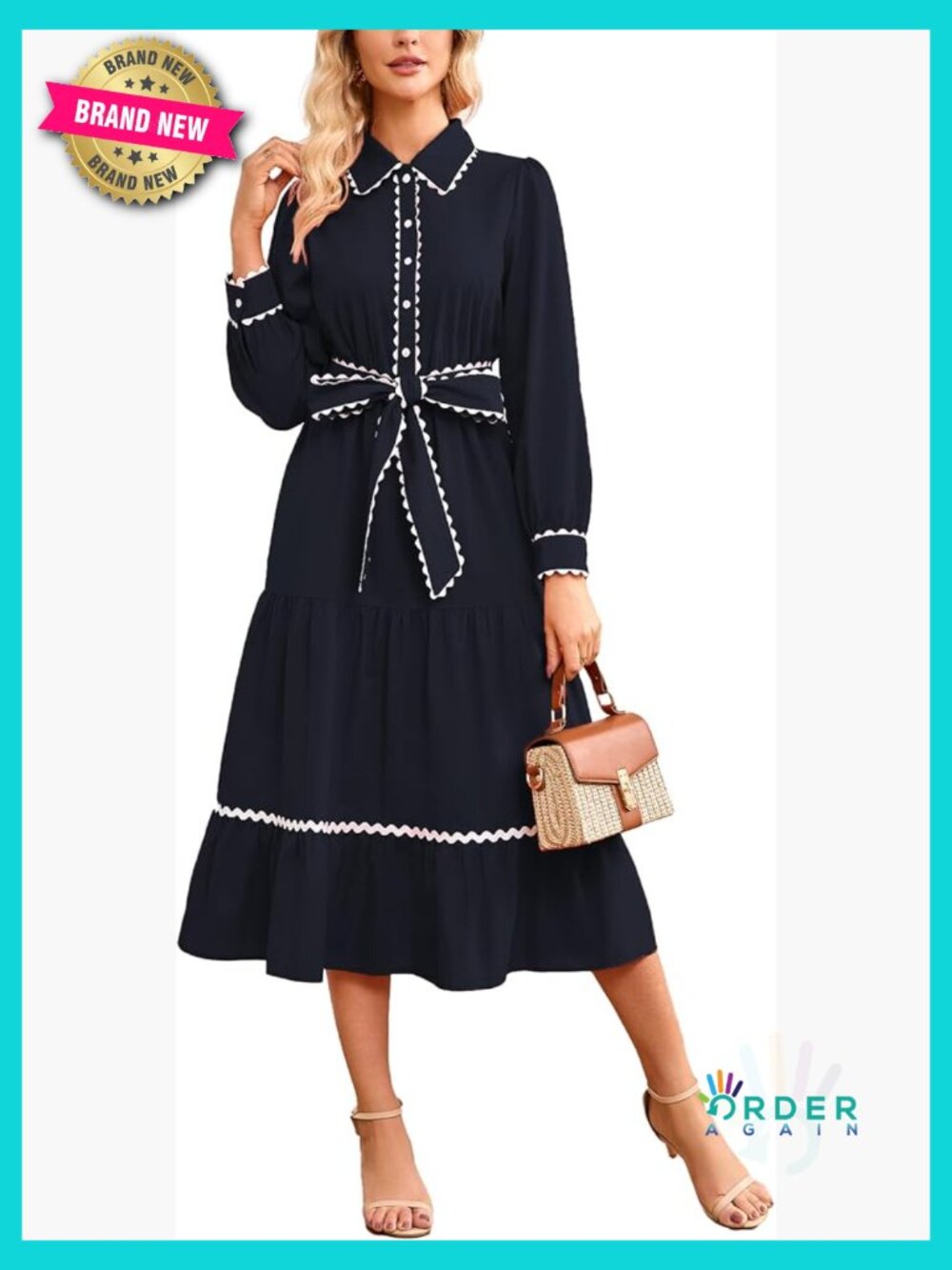 Long Sleeve Midi Dress Flowy Ruffle Tiered Button Down Cotton Elegant Chic